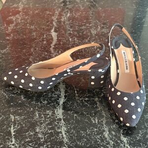 Manolo Blahnik Navy Blue and White Polka Dot Slingback Heels 39